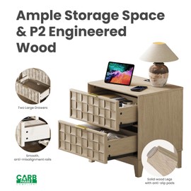 COLAMY Nightstand with Charging Station, 22" Modern Bed Side Table with 2 Storage Drawers and Chessboard Relieffor Bedroom, Dorm and Small Spaces - Oak