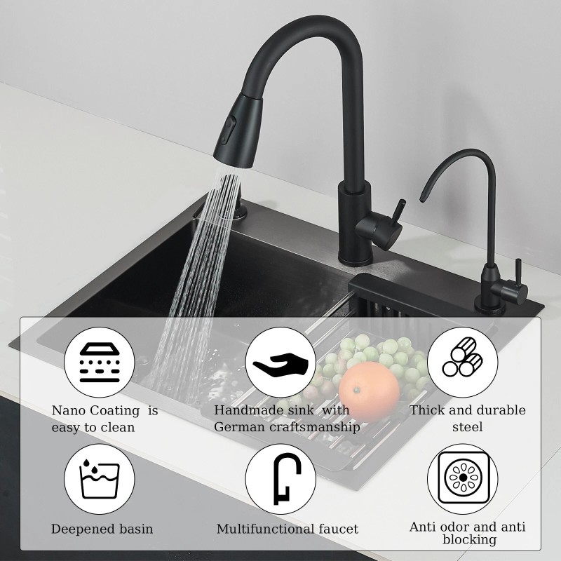 mvmhome Black Kitchen Sink Single Bowl Stainless Steel Sink with