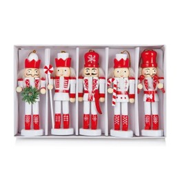 Premier Set Of 5 Nutcracker Christmas Decorations Wooden Tree Decorations Hanging Soldiers Red & White