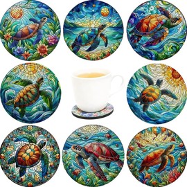 Monattrod Wood Coasters Set of 8 - Handcrafted Drink Coaster Thick Heat-Resistant for Office, Bar, Farmhouse - Cute Turtle Drink Cup Coasters for Table Protection