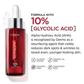 L'Oreal Paris Revitalift 10% Suero de Ácido Glicólico Puro para la Cara, Uniformiza Visiblemente el Tono y Reduce Arrugas, Sin Fragancia 1 fl oz (30ml
