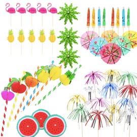 120 Pieces Cocktail Picks Cocktail Umbrellas for Drinks Colorful Drink Umbrellas and Hawaiian Fruit Sticks Bamboo Cocktail Toothpicks for Tropical Hawaiian Party Decorations Cocktail Accessories