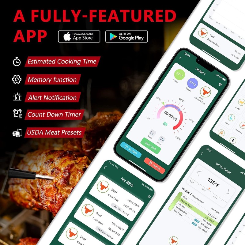 Wireless Meat Thermometer, Smart Bluetooth Meat Thermometer with 165ft Wireless