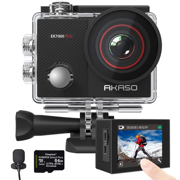 AKASO EK7000 Pro Caméra Sport 4K avec Carte Mémoire microSDXC de 64GB et Microphone Externe, Action Caméra sous-Marine 40M Stabilisateur avec avec Écran Tactile pour Le Ski, la Natation, Le Surf