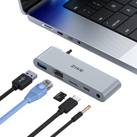 ZIKE USB C Hub - MacBook Pro USB Adapter for MacBook Pro 2023-2016, MacBook Air 2022-2016 with 5Gbps Type-C/USB A, TF UHS I, LAN Network Port and 3.5 mm Audio Port