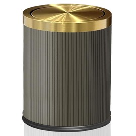 YOJIA 4 Gallon / 15L Trash Can Bathroom with Swing Lid, Grey Gold Garbage Can, Leather Modern, Large Office Waste Basket, for Bedroom, Kitchen, Powder Room, Hotel, Business(15L Grey)