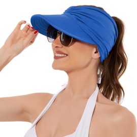 Sombreros de sol para mujer con protección UV, visera de ala ancha, sombreros de verano con cola de caballo, Azul, Talla única
