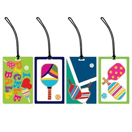 R. Nichols Pickleball Luggage Tag Set - Sturdy Waterproof Plastic Travel Labels for Baggage, Suitcases, Backpacks, and Diaper Bags, 4 Assorted 2.5 Inch x 4 Inch Tags with Black Loop Attachments
