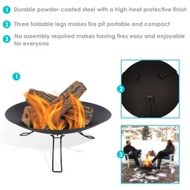 Sunnydaze Portable Folding Fire Pit- Outdoor Classic Ebony 24" Wood-Burning Steel Raised Fire Bowl - Patio, Backyard, and Camping Fire Bowl - Round Bowl with 3 Foldable Legs