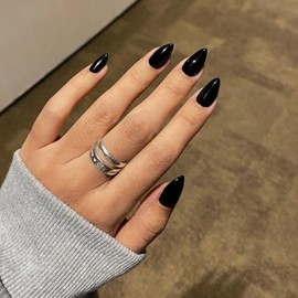 Uñas postizas acrílicas cortas y gruesas de color negro con forma de almendra, 30 unidades, uñas postizas de gel de color sólido, uñas cortas con form