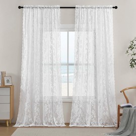 White Lace Curtains 63 Inch Length 2 Panels Vintage Floral Curtains for Living Room Bedroom Victorian Lace Drapes Rod Pocket Light Filtering Paisley French Window Winter Neutral Decor Snowy, 52x63