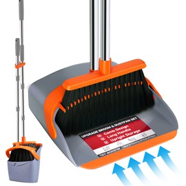 Upgraded Broom and Dustpan Set, 52" Long Handle Standing Combo with Self-Cleaning Teeth – Perfect for Pet Hair, Kitchen, Office, Home, Indoor & Outdoor Cleaning(Orange & Gray)