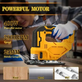 Cordless Jigsaw for DEWALT 18V 20V 400W 2900RPM Electric Orbital Jigsaw with LED Light, 3 Orbital Actions, ±45° Bevel Cutting Angle, 6 T Drill Blades for Wood, Plastic, Metal (without