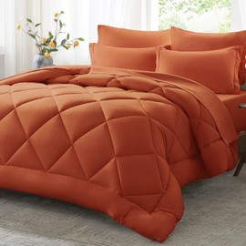 Anluoer Queen Comforter Set，Burnt Orange Bed in a Bag 7 Piece，Lightweight Bedding Set with Soft Down Alternative Fill，Bed Set Includes Comforter, Fitted Sheet, Flat Sheet，Pillowcases and Shams