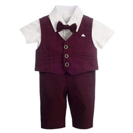 Dressy Daisy Baby Boy Suit Gentleman Wedding Outfit 4 Piece Formal Dress Wear Plaid Short Sleeve Burgundy Size 18-24 Months