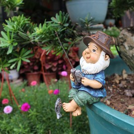 Garden Gnome Statue, Fishing Gnome Mini Sitter Statue Funny Resin Decorative Outdoor Garden Lawn Gnome Figurine Ornament for Patio Yard Outdoor Garden Statue Decoration