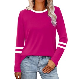 SAMPEEL Womens Long Sleeve Tops Color Block Long Sleeve Shirts for Women Fall Fashion 2025 Clothing Business Casual Tops Cute Clothes Going Out Fall Outfits for Women 2025 Hot Pink L