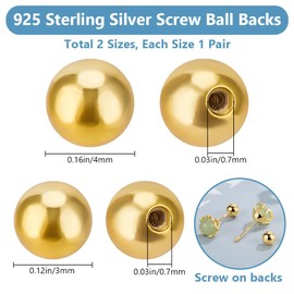 Beebeecraft 3~4mm Screw Ball Backings 925 Sterling Silver Round Ball Earring Stoppers Post Studs for Earring Piercing Supply Findings