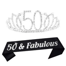 50th Silver Birthday Tiara and Sash Happy 50th Birthday Party Supplies 50 Fabulous Glitter Satin Sash and Crystal Tiara Princess Birthday Crown for Girls 50th Birthday Party Decorations Favors