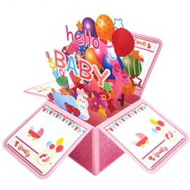 ZYOOO Hello Baby 3D Pop Up Card, Pink, Baby Shower Greeting Card for Birth of Mum, Grandma, Sister for Newborn Babies with Envelope