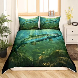 Feelyou Kids Pike Fish Duvet Cover Twin Size, Ocean Coastal Comforter Cover Marine Animal Bedding Set Boys Girls Fishing and Hunting Teens Bedspread Cover Bedroom Decor Zipper (No Comforter)