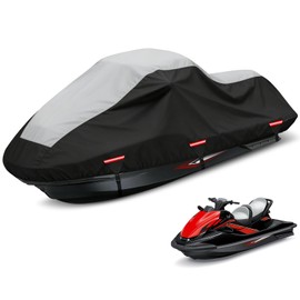 Waterproof Jet Ski Cover with Air Vents & Reflective Strips, Fits 126 to 135 Inches, 2-3 Seater PWC, Compatible with Kawasaki Yamaha (Black and Gray)