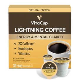 VitaCup Lightning Coffee Pods, for Memory & Focus w/ 2X Caffeine, Green Coffee Bean, B Vitamins, D3, Strong Dark Roast, Single Serve Pod Compatible with Keurig K-Cup Brewers,32 Ct
