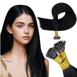 RUNATURE I Tip Extensions Human Hair, Soft Remy Hair Extensions I Tip for Women, Straight Long Hair Natural Looking #1 Jet Black 16inch 50G 100s
