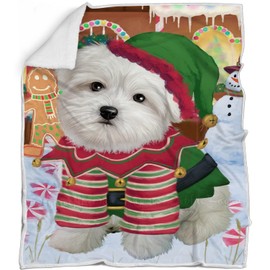 Maltese Dog Blanket - Christmas Gingerbread Elf - Super Soft & Warm Pet Theme for Sofa or Bed, Warm Fleece, Sherpa or Woven Material, for Dog Lovers 60x80 Fleece