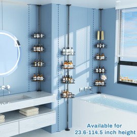 cutefafa Rustproof Corner Shower Caddy Freestanding Tension Pole, 4 Large Baskets for Bathtub Shampoo Storage Organizer Bathroom Height Adjustable Shelves from 23.6 to 114.5 Inch with Towel Bar