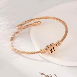 KunBead 21st Birthday Love Heart Rose Gold Tone Expandable Bracelets for Women Lucky Number Age Bangle Cuff Stainless Steel Bracelet