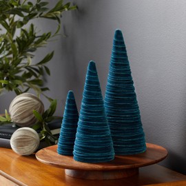 Teal Velvet Cones Set of 3, Holiday Entryway, Blue Green Home decor, minimalist Mantel decor, Tablescape, Tree Figurines (Teal)