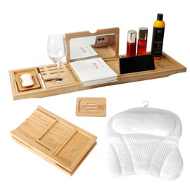 Bathtub Tray Table with Mirror and Bath Pillow, Expandable and Foldable Bamboo Bath Tray for Tub Soft and 4D Mesh Bathtub Pillow Luxury Bath Accessories Spa Gifts