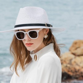 Straw Sun Hats for Women Men Panama Fedora Summer Hat with Leather Belt Wide Brim Beach Sun Jazz Cap, 1#white, 7-7 1/4