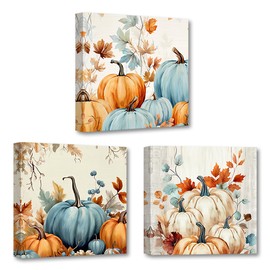 PBXBJY Pumpkin Wall Art Fall Canvas Prints 3 Pieces Autumn Pumpkin Pictures Thanksgiving Painting Poster Rustic Farmhouse Kitchen Decor Frame (12x12inchx3Pcs)