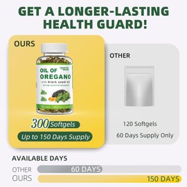 Oil of Oregano 300 Softgels with Black Seed Oil, 2 in 1 Combination with Oregano Oil and Black Seed Oil, Natural Antioxidants, Non-GMO,Gluten Free