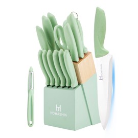 Knife Set, Howashin 15 Pieces Kitchen Knife Set with Built in Knife Sharpener, High Carbon German Stainless Steel Knife Block Set, Hand wash Safe Knives Set, Green