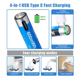 Notmise Rechargeable AA Batteries, AAA Lithium Ion 1.5V, Fast Charge, 4-in-1 USB Type C Charging Cable, Over 1200 Cycles, 4AA+4AAA (4AAA+4AA)