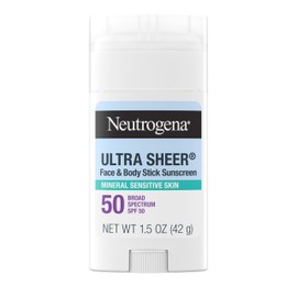 Neutrogena Ultra Sheer Dry Touch SPF 50 Mineral Sunscreen Stick for Sensitive Skin, Zinc Oxide, Body & Face Sunscreen with Vitamin E, No White Residue & Vegan, 1.5 oz