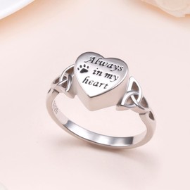DAOSHANG 925 Sterling Silver Pet Paw Urn Rings for Women Carved Always In My Heart Celtic Knot Ring For Ashes of Loss Love Pet Memorial Heart-Shape Keepsake Cremation Jewelry Easter Day of the Dead