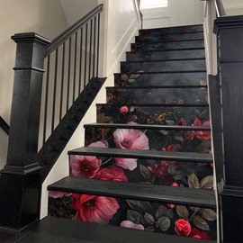 REDAMANCY Dark Black Red Pink Florals Peel and Stick Vinyl Stair Riser Decals Staircase Tile Stickers Decor Modern Marble Decoration Self-Adhesive(14 Pcs)