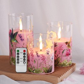 Eywamage Eywamage Pink Hummingbird Glass Flameless Candles with Remote, Flickering Floral LED Pillar Candles  3" H 4" 5" 6"