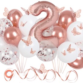 2nd Birthday Decorations for Girls with Butterfly Decor and Rose Gold Balloons, Rose Gold 2nd Birthday Girl Party Decorations with 40 in Number Balloons