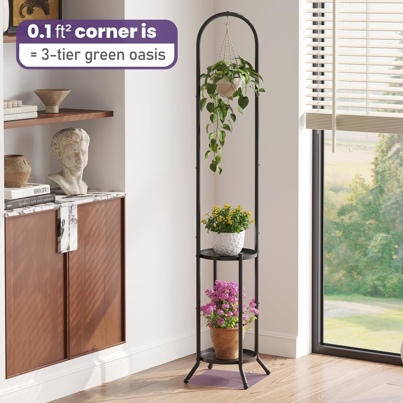 Wieghda 2-Tier Metal Plant Stand with Hanging Hook, Indoor Outdoor