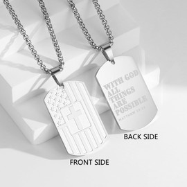 RUOOUY American Flag Bible Verse Cross Necklace for Men Inspirational Bible Verse Dog tag Pendant Stainless Steel Chain 22+2 inch Religious Jewelry Patriotic Gift for Men（With God-Silver）