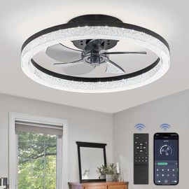 LEDIARY 20" Low Profile Ceiling Fan with Light and Remote, Dimmable Modern Flush Mount Ceiling Fan, Black Bladeless Ceiling Fan, Stepless Color Temperature Change and 6 Speeds for Bedroom Living Room