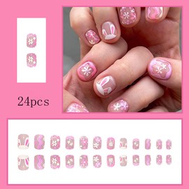 Easter Press on Nails Short Square Rabbit Nails French Tip Cute Bunny False Nails with Designs Easter Fake Nails Glue on Acrylic Nails Coffin Artificial Full Cover Nails for Women 24Pcs