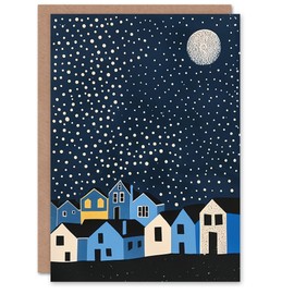 Artery8 Greeting Card Full Moon Starry Night Over Town Graphic Design Blank For Him Or Her Art Birthday Card