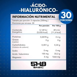 5h8 Ácido Hilaurónico 100mgs 60 Cápsulas Con 5mgs Magnesio Sabor Sin sabor
