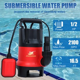 JENENSERIES Sump Pump,1/2HP 110V 2100GPH Submersible Clean/Dirty Water Pump with Automatic Float Switch for Pool, Pond, Garden, Flooded Cellar, Aquarium and Irrigation